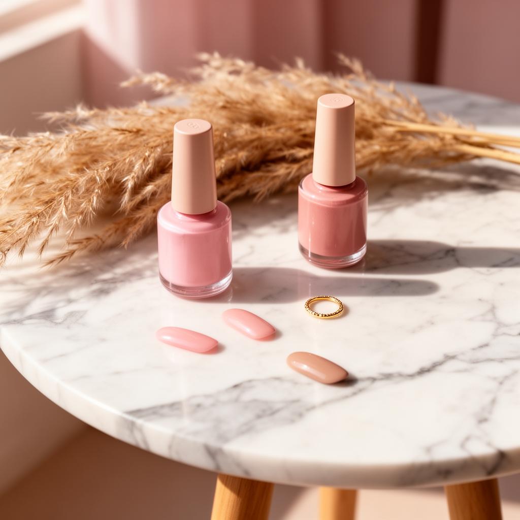 Vernis rose poudré sur table de manucure